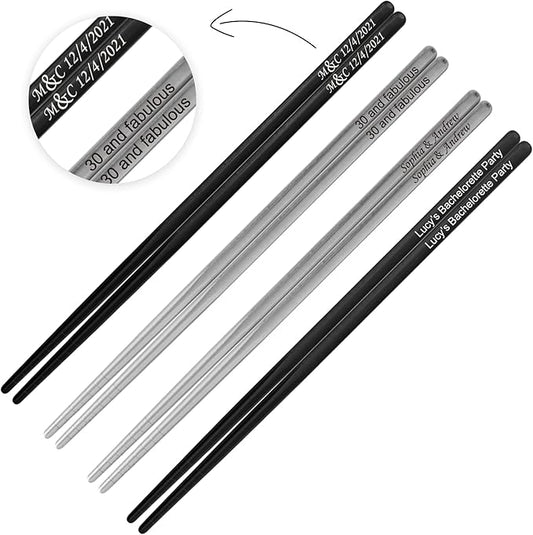 Set of custom reusable metal chopsticks engraved japanese stainless steel dinnerware utensils lot for new home, gifts, party favors, wedding goodie bags, engagements