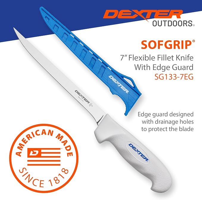 Dexter Outdoors SOFGRIP 7" Flexible Fillet Knife with Edge Guard | Corrosion-resistant high-carbon American stainless blade with soft slip-resistant grip. Edge guard included, made in USA.