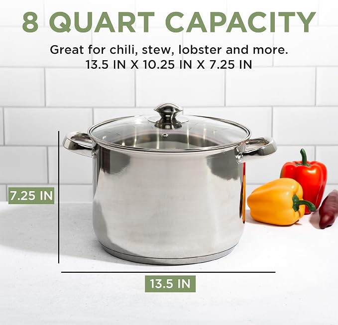 Ecolution Stainless Steel Stock Pot, Encapsulated Induction Ready Cooking Pot with Glass Lid, Oven Safe, Dishwasher Safe Soup Pot, 8-Quart