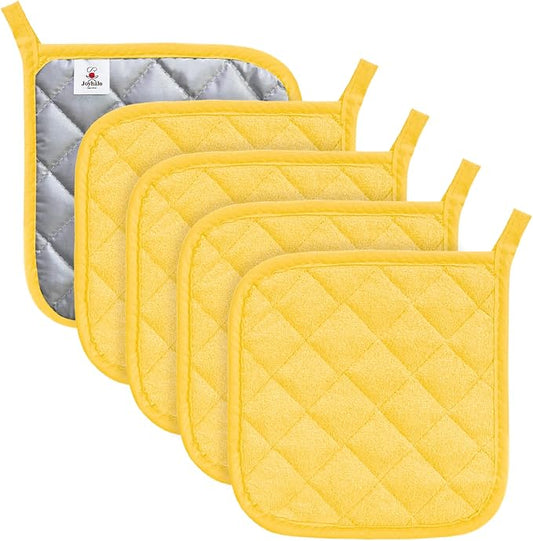 Joyhalo 5 Pack Pot Holders for Kitchen Clearance | Cotton Made, Machine Washable, Heat Resistant Potholder, Hot Pads, Trivet for Cooking and Baking, Yellow