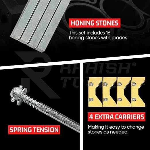 Engine Cylinder Hone Kit 34mm to 60mm with 4 Extra Carriers Adjustable Handheld Honing Machine Tool Kit with 16 Stones Sizes 3" x1/4" x1/4" - Works for Mid-Size to Larger Car Engines