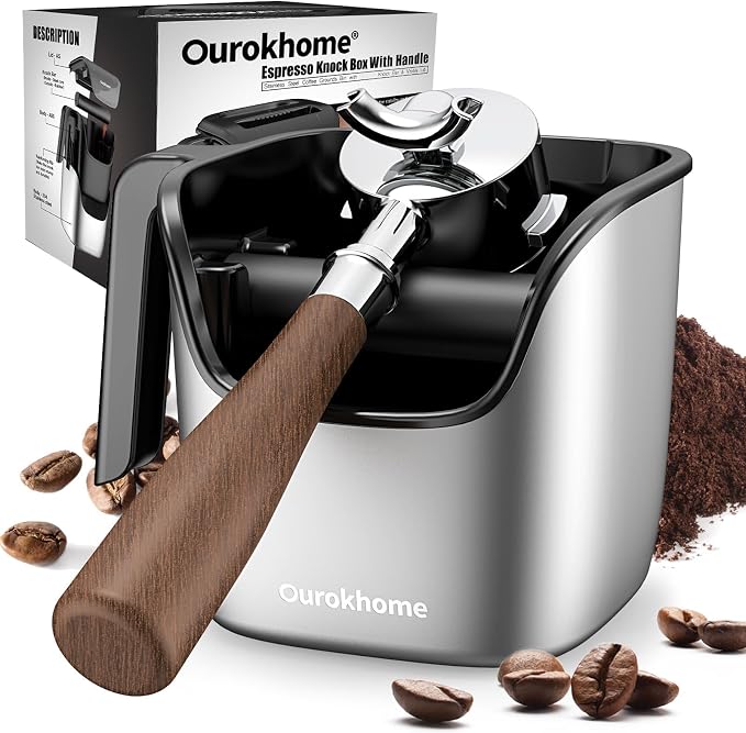 Ourokhome Espresso Knock Box with Lid, Compact Coffee Grounds Container for Home Coffee Bar, Removable Knock Bar, 304 Stainless Steel Exterior, Non-Slip Base & Handle, Easy Clean