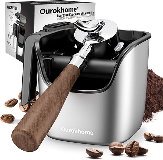 Ourokhome Espresso Knock Box with Lid, Compact Coffee Grounds Container for Home Coffee Bar, Removable Knock Bar, 304 Stainless Steel Exterior, Non-Slip Base & Handle, Easy Clean