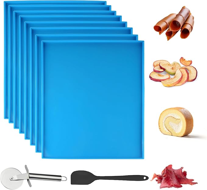 8PCS Silicone Dehydrator Trays with Edge Fruit Leather Trays 12 x 10 Inch | Non-stick Dehydrator Mats with Silicone Scraper Cutter Wheel for Fruit Vegetables Meat Herbs and Liquid