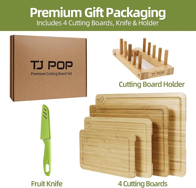 Labeled Cutting Board Set of 4, Bamboo Chopping Boards with Food Icons | Charcuterie Board Serving Tray with Juice Groove & Handles, Ideal for Meat, Vegetables, Fruits, Cheese