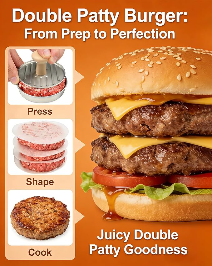 Burger Press, 5 Inch Hamburger Patty Maker in Stainless Steel | Burger Mold with Wooden Handle and Base, Includes 100 Patty Papers for Homemade Burgers, BBQ and Meal Prep