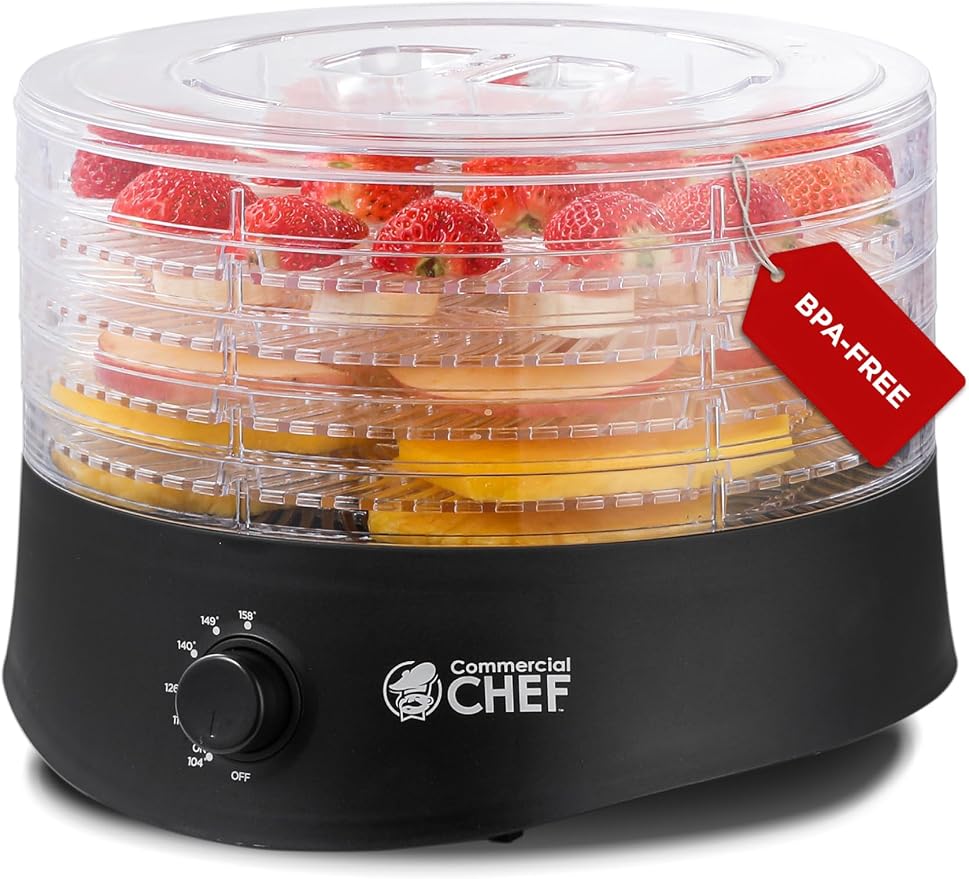 Commercial Chef Food Dehydrator, Five 9.25” BPA-Free Trays, CCD100B6, Black | Dehydrates and Dries Meat, Fruit, Veggies and Jerky, 280W Dehydration Machine, Adjustable Thermostat