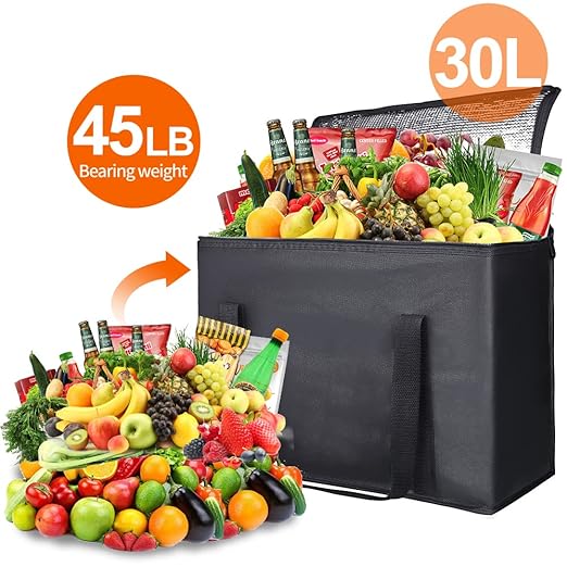 Bodaon 1-Pack Insulated Reusable Grocery Shopping Bags, X-Large, Black | Picnic Cooler Bag with Zippered Top Cold, Insulated Food/Pizza Delivery Bag for Commercial Rideshare, Collapsible Tote Bags