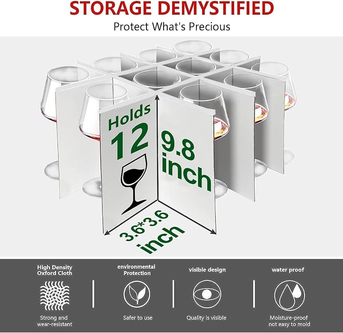 homyfort 2 Pack Stemware Storage Cases, Wine Glass Storage Box with Dividers, China Crystal Glass Storage Containers Organizer for 24 Glassware Moving and Protection (Grey)