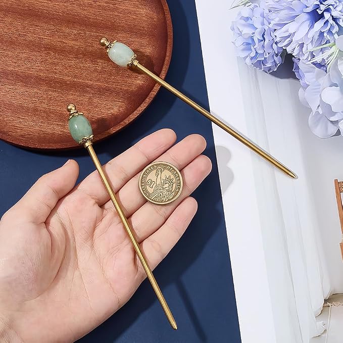 PH PandaHall 2pcs Natural Green Gemstone Hair Stick Golden Hairpins Metal Hair Sticks Chinese Hairpin 5.9 inch Brass Hairs Chopstick Vintage Hairpin for Women Gifts Long Hairs Ornament Accessory