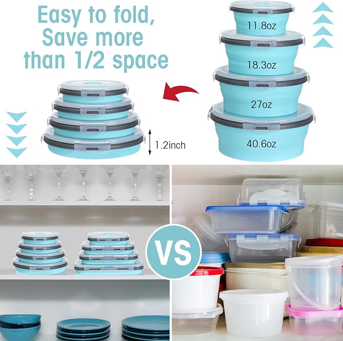 Yaomiao 16 Pack Collapsible Food Storage Containers with Lid Air Vent Foldable 8 Rectangle Storage Bowl and 8 Round Silicone Food Bow for Lunch Camping Rv Accessories Microwave Freezer(Gray, Blue)