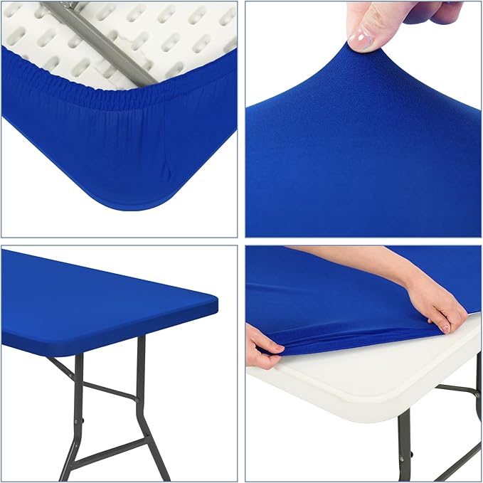 6 Pack Stretch Fabric Table Top Cap Cover, fits 8' Tables, Spandex Table Covers Washable Elastic Rectangle Tablecloth Protector for Indoor Outdoor Party Picnic Wedding, Royal Blue, 30" W x 96" L