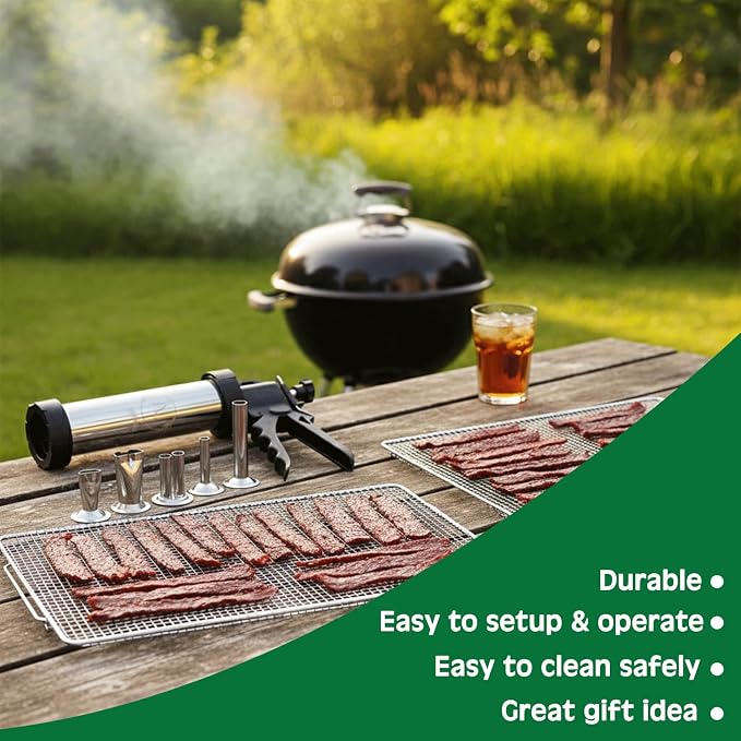 2LB Professional Jerky Gun Kits, Sausage Stuffer, Stainless Steel Jerky Maker, Jerky Shooter, Beef Jerky Making Gun with 5 Nozzles, 1 Meat Pusher, 5 Cleaning Brushes and Pair of Gloves