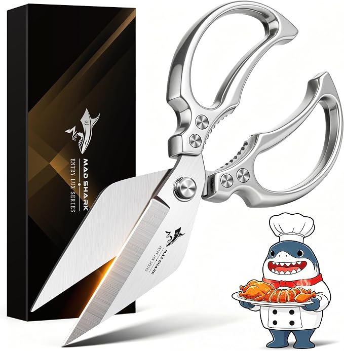 MAD SHARK Heavy Duty Kitchen Shears, Sharp All Purpose Kitchen Scissors | 8mm German Steel Poultry Shears for Chicken, Meat, Turkey, Seafood & Vegetables, Dishwasher Safe, Ergonomic, Silver