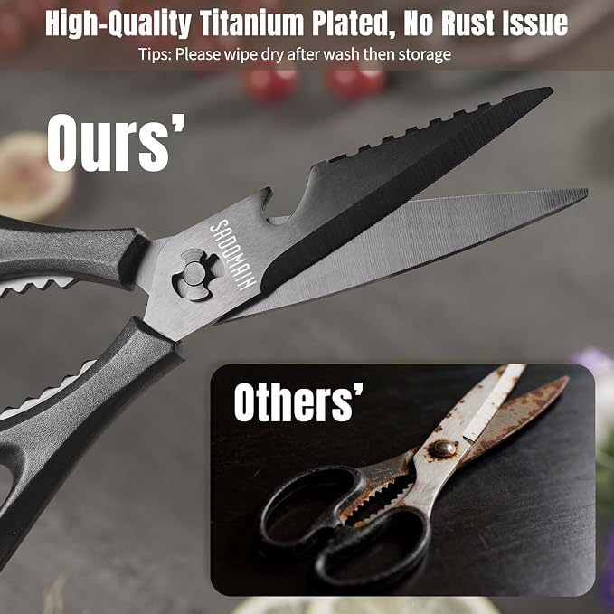 Kitchen Scissors All Purpose, Extra Sharp Kitchen Shears with Knife Sharpener & Sheath, Solid & Durable Stainless Steel Scissors with ANTI-RUST Black Titanium Plated, Dishwasher Safe – Black
