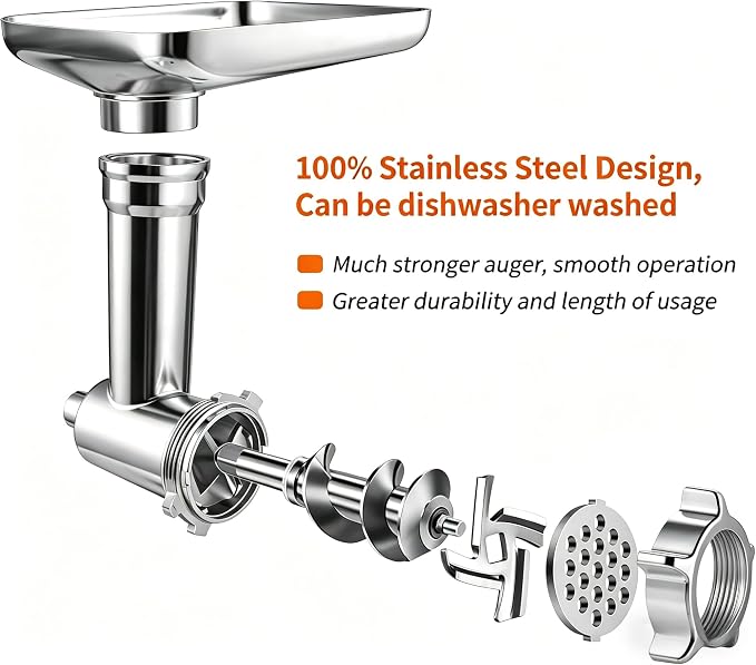 100% Stainless Steel Meat Grinder for KitchenAid Mixer, Dishwasher Safe | Includes 3 Sausage Stuffer Tubes & 4 Grinding Plates, Anti-Corrosion Polished Design（Not include the KitchenAid Mixer）