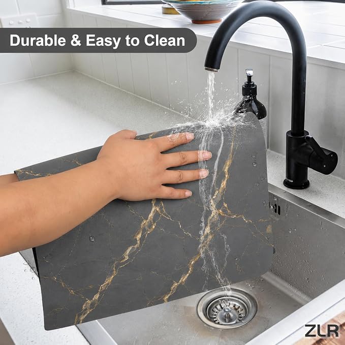 ZLR Coffee Bar Mat for Coffee Station, 16"x20" Large, Marble Gray | Absorbent Dish Drying Mat, Stain-Hiding Top, Non-Slip Back, Fits Espresso, Grinder, Knock Box, Frother & Cup Display