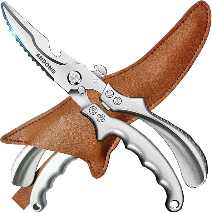 ANDONG Heavy Duty Professional Poultry Shears -Stainless Steel Kitchen & Meat Scissors with Leather Sheath, Dishwasher Safe Spring Loaded Utility Shears for Cooking, Butchering, Cutting