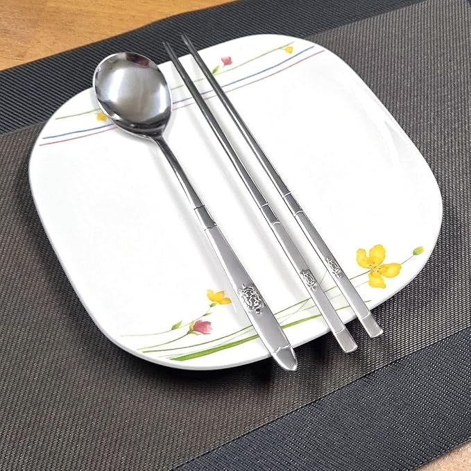 GARASANI Korean Traditional Cutlery Stainless Steel Spoons and Chopsticks Set (Silver Turtle)