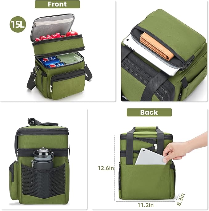 holuxer Insulated Lunch Bag & Lunch Box for Men - Double Deck Reusable Lunch Bag for Women Tote Cooler Bag Leakproof Soft Expandable - Large Lunchbox for Work/Adult/Picnic/Outdoor (Green，15L)