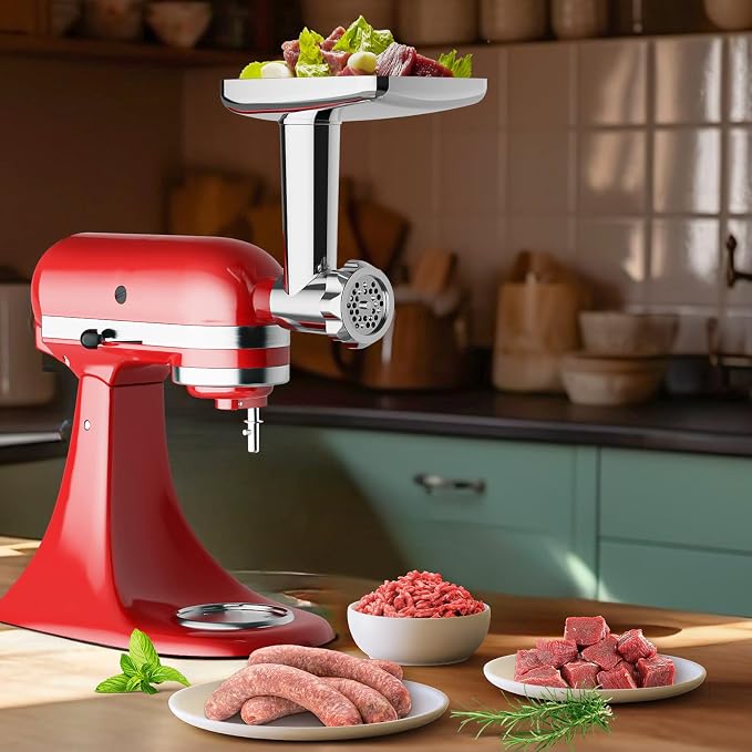 GVODE Stainless Steel Meat Grinder Attachment for KitchenAid Stand Mixer | Food Grinder attachment with 4 Grinding Plates, 3 Sausage Stuffer Tubes, 2 Grinding Blades, Mixers Accessories for Kitchen