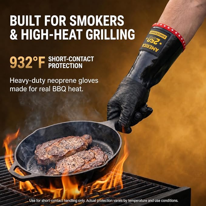PRO BBQ Gloves, Black Neoprene, 14-Inch, Heat Resistant up to 932°F, Waterproof with Cotton Lining, America 250th Anniversary Edition, Includes Storage Bag (Close Fit-14INCH-932℉-PRO)