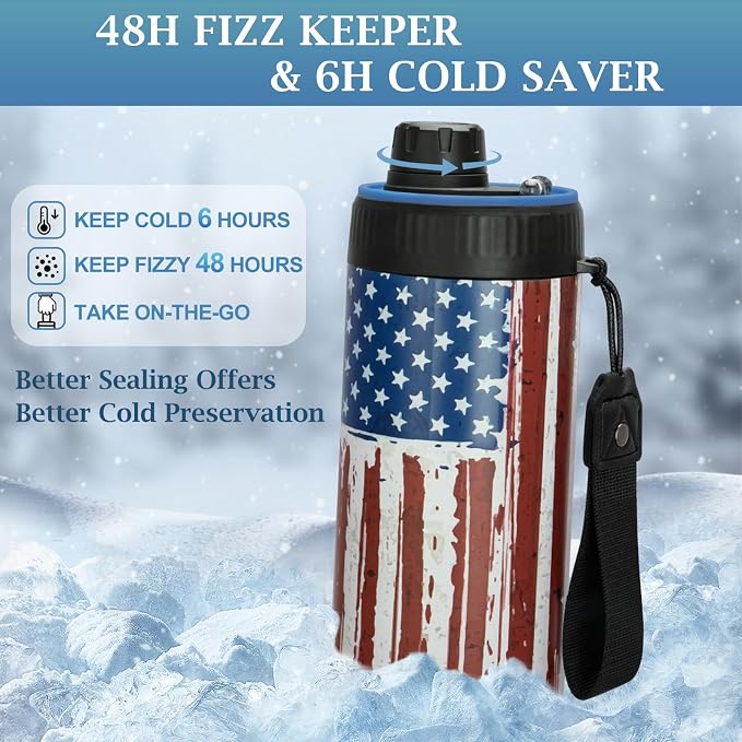 MAXSO Sealed Can Cooler Fizz Lid Can Cover for 12 oz Regular, Slim Skinny Cans & As Thermal Bottle, 4-in-1 Insulated Vacuum Stainless Steel Carbonated Cold Drink Holder - Stripe Flag
