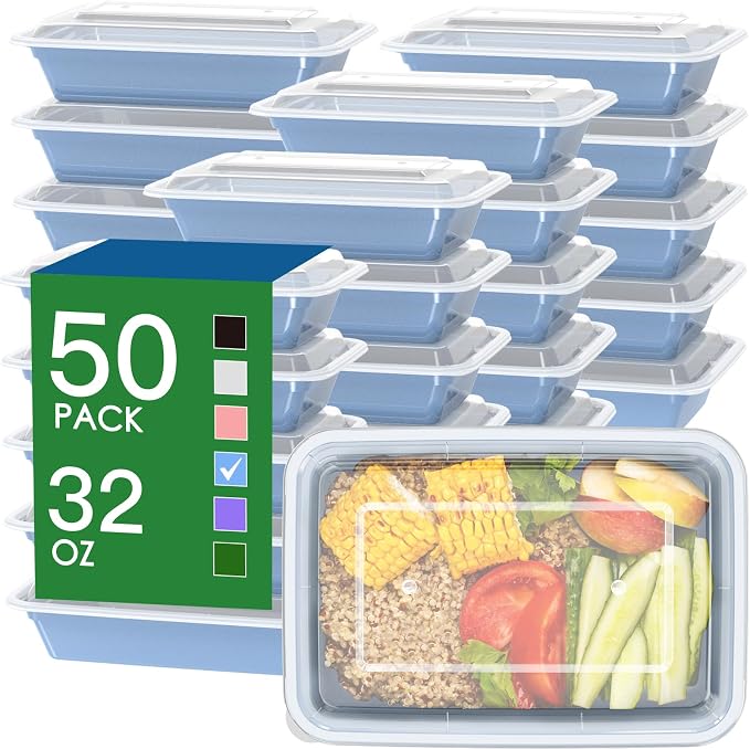 50 Pack (100-Piece) 32 oz Meal Prep Containers with Easy Open Lids, Blue | Sturdy Leakproof & Food Safe, Microwave, Freezer, Dishwasher Safe Prep Containers, To Go Take Out Plastic Food Storage