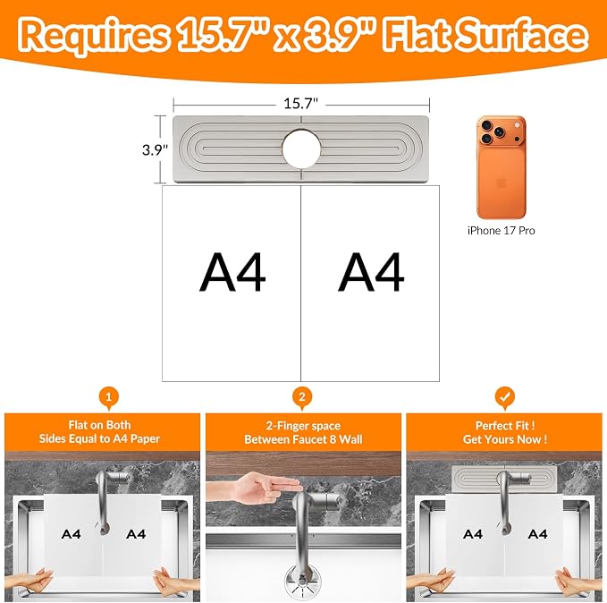 15.7 Inch Stone Faucet Mat for Kitchen Sink Splash Guard, Diatomite Sink Protectors for Kitchen Sinks Behind Faucet, Quick Dry Water Absorbing Stone Tray , Drip Catcher (White, 15.7" x 3.9")