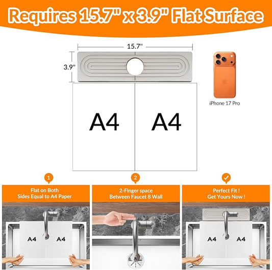 15.7 Inch Stone Faucet Mat for Kitchen Sink Splash Guard, Diatomite Sink Protectors for Kitchen Sinks Behind Faucet, Quick Dry Water Absorbing Stone Tray , Drip Catcher (White, 15.7" x 3.9")