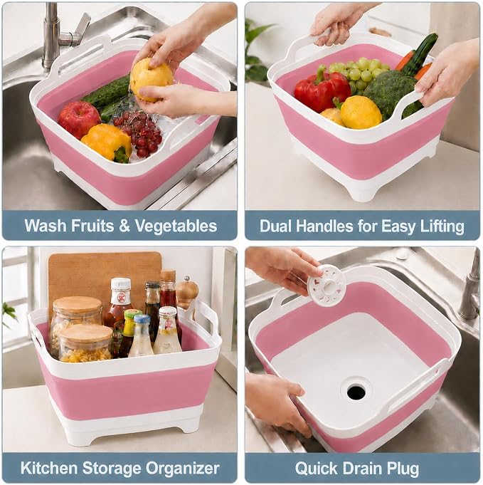 2.4 Gal(9L) Collapsible Dish Basin with Drain Plug, Space Saving Outdoor Multiuse Foldable Sink Tub, Dishpan, Kitchen Storage Tray for Camping, Vegetable Washing, RV (Pink)