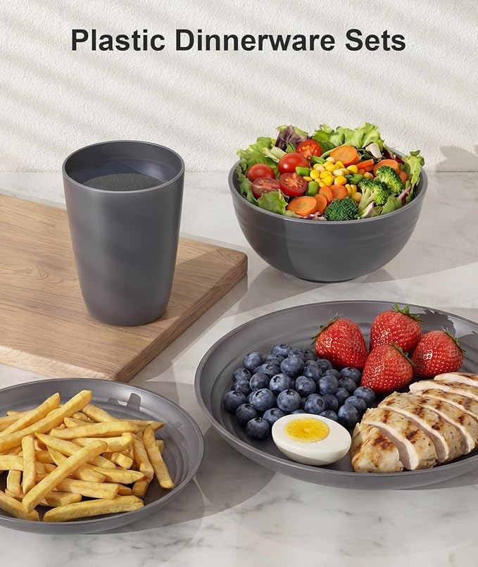 Quatish 16 Piece Plates and Bowls Sets for 4, Unbreakable Dinnerware Sets, Plastic Dish Set for Camping, Dishwasher Microwave Safe, Outdoor Kitchen and Apartment Dorm Dinning RV Essentials, Grey