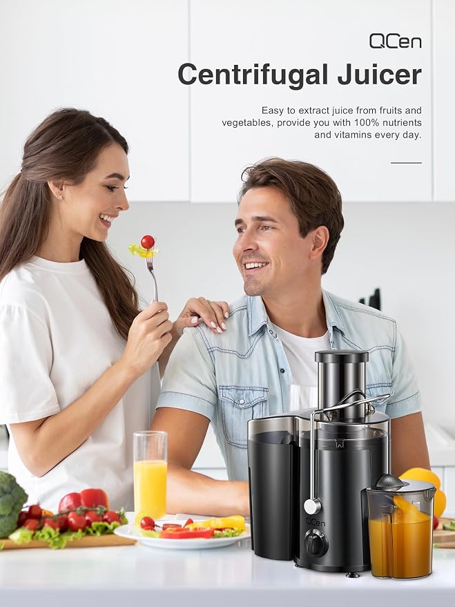 QCen Juicer Machine 500W Centrifugal Juicer with Extra Wide Feed Chute | For Fruits And Vegetables, Stainless Steel, BPA-Free Parts, Easy To Clean, Metallic Black, Countertop Juicer