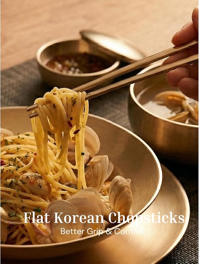 ONGI Korean Spoon and Chopsticks Set, Flat Korean Chopsticks, Premium 18/10 Stainless Steel, Turtle Symbol Design, Made in Korea, Dishwasher Safe, Meaningful Korean Gift (TT Gold 1 Set)