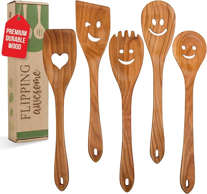 MFC 5-Piece Wooden Cooking Spoons - Kitchen Set from Natural Cherry Wood - Wooden Spoons for Cooking - Funny Utensil Set with Smiley Faces - Cooking Multipurpose Wood Utensils