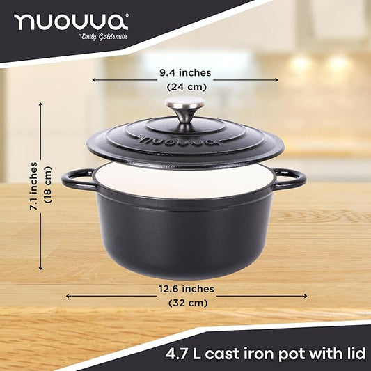 Cast Iron Pot with Lid – Non-Stick Ovenproof Enamelled Casserole Pot, Oven Safe up to 500° F – Sturdy Dutch Oven Cookware – Black, 5-Quart, 24cm – by Nuovva