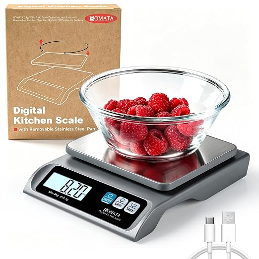 BOMATA 0.1g High Precision Food Scale, USB Rechargeable, 13lb Digital Kitchen Scale with Removable Stainless Steel Pan, Backlit LCD Display, for Cooking, Baking B621 Grey