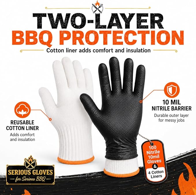 PepperMate BBQ Gloves Disposable, 100 Nitrile Gloves + 4 Cotton Liners, 10 Mil Heat Resistant for Grilling, Smoking, Cooking and Meat Handling, Non-Slip Grip, Heavy Duty, Latex Free, Food Safe, Large