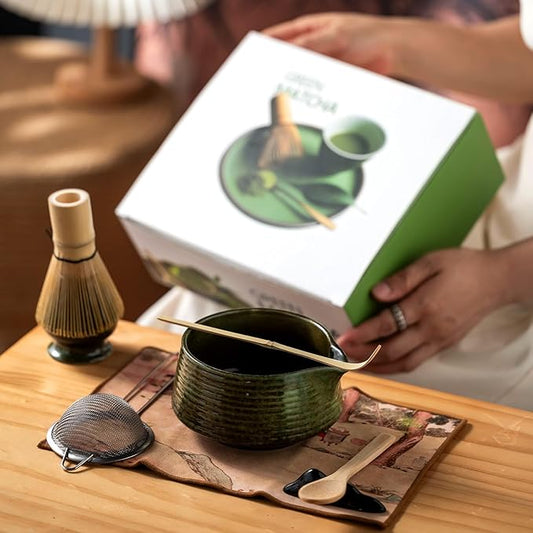 Matcha Whisk Set,(8Pcs) Includes Ceramic Matcha Bowl, Whisk, Holder, Scoop and Spoon, Rest, Sifter, Tea Towel,Traditional Tea Ceremony Set Gift