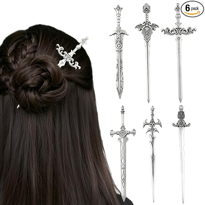 6PCS Gothic Sword Hair Pins for Women, Metal Hair Sticks Set, Fantasy Decorative Hair Pins for Bun Updo, Medieval Renaissance Hair Accessories, Hair Sticks for Long Thick Hair