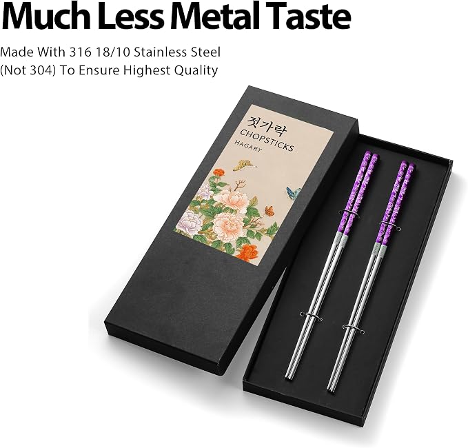 Peony and Butterfly Chopsticks Metal Chopsticks Reusable Designed in Korea Japanese Style Stainless Steel 316 18/10 Non-Slip Dishwasher Safe Laser Etched 2 Pairs Purple