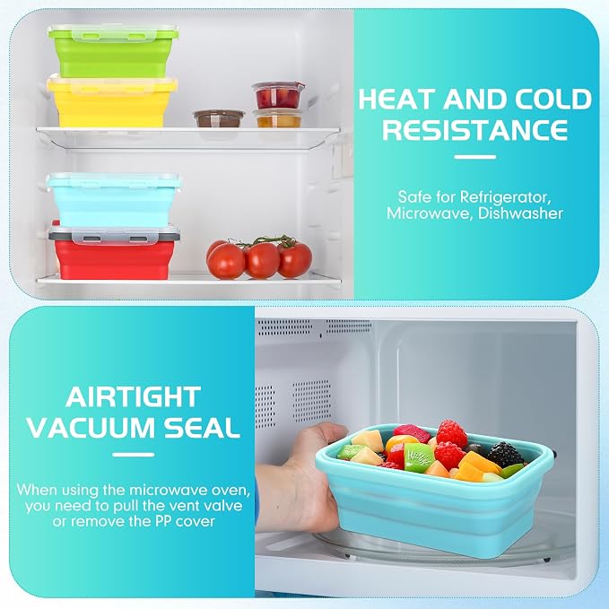 Set of 8 Silicone Collapsible Bowls for Camping with Vent Lid Silicone Storage Containers for Food Meal Preparation Square Bowl Microwave Freezer Dishwasher Safe (Candy Color,17 Oz/ 500 ml)