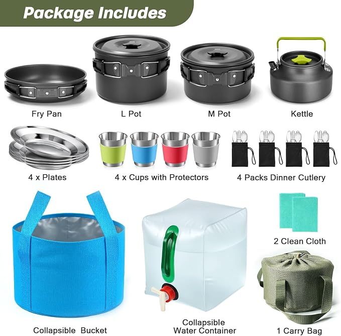 Odoland 29pcs Camping Cookware Mess Kit, Non-Stick Lightweight Pots Pan Kettle, Collapsible Water Container and Bucket, Stainless Steel Cups Plates Forks Knives Spoons for Outdoor Backpacking Picnic