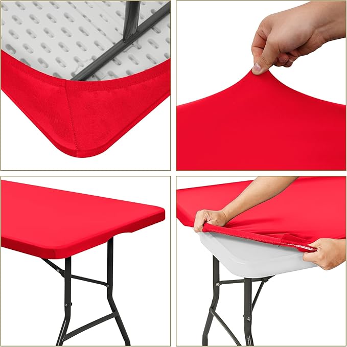 10 Pack Stretch Fabric Table Top Cap Cover, fits 6' Tables, Spandex Table Covers Washable Elastic Rectangle Tablecloth Protector for Indoor Outdoor Party Picnic Wedding, Red, 30" W x 72" L