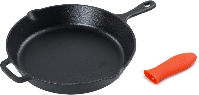 Commercial CHEF 12-Inch Cast Iron Skillet with Silicone Grip Handle, CHFL12 | Pre-Seasoned Cast Iron, Works on All Cooktops Including Induction, Outdoor Skillet for Campfires or Grills