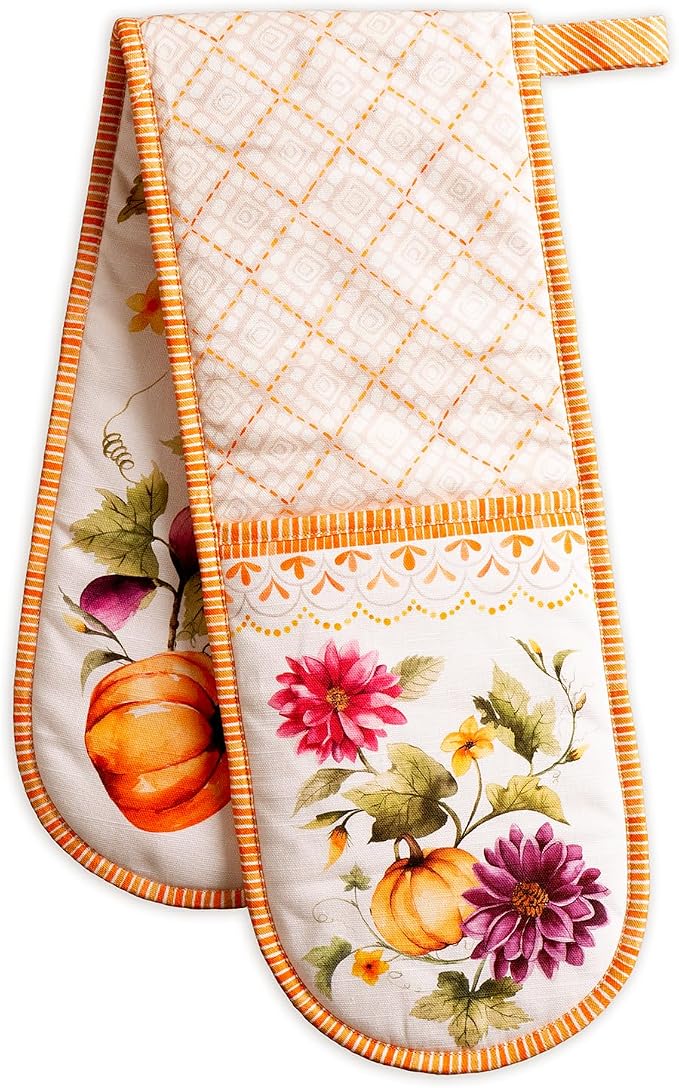 Maison d' Hermine Double Oven Mitts 100% Cotton Double Oven Glove (7"x35") | Heat Resistant Cooking Gloves with Loop Baking Kitchen Home Farmhouse Thanksgiving Christmas - Pumpkin Garden - Cloudy Cream