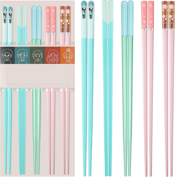 5 Pairs Reusable Chopsticks Dishwasher Safe, Fiberglass Premium Japanese Chines Korean Chopsticks for Sushi Noodles Ramen, Non-slip Chop Sticks, Lightweight, 9.6 inches- Green&Pink-D