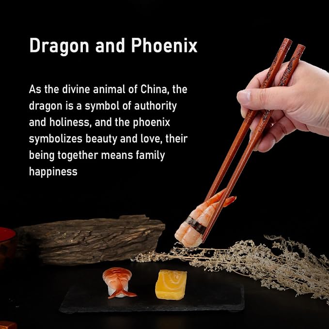 Dragon & Phoenix Reusable Chopsticks Set with Holders - Wooden Chopsticks 2 Pairs for Wedding & Anniversary Gift (Dragon and Phoenix)