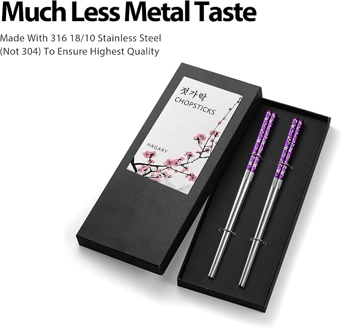 Hagary Cherry Blossom Rainbow Chopsticks Metal Chopsticks Reusable Designed In Korea Japanese Style Stainless Steel 316 18/10 Non-Slip Dishwasher Safe (Purple - 2 pairs)