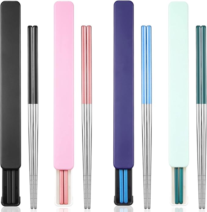 Patelai 4 Pairs Portable Chopsticks with Case Metal Stainless Steel Chopsticks Reusable Portable Utensil for Travel, Office Lunch & Holiday Gift for Friends & Family